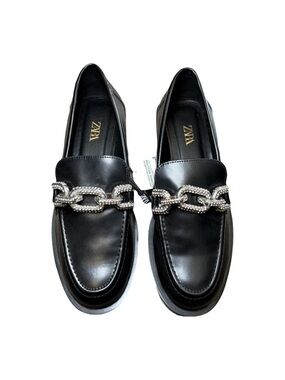 Zara Rhinestone Embellished Loafers Black Leather Loafers Crystal Chain Sz 6